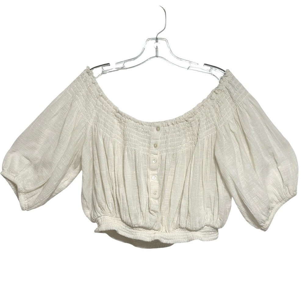 We The Free People Dancin' Till Dawn Crop Top Women Cream Smocked Off Shoulder M